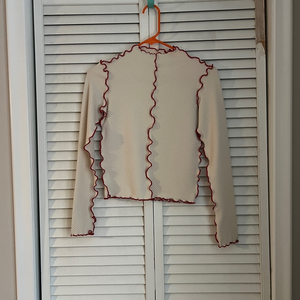 Cream Long Sleeve Top with Red Trim